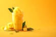 © dreamdes - Mango smoothie on orange background. Summer drink concept. Vacation and travel. Design for banner, invitation with copy space. Minimalistic composition