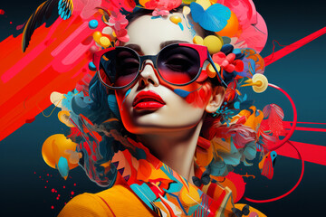 Wall Mural - Portrait of stylish fashionable woman in sunglasses and red lips on bold bright colorful background. Modern contemporary drawing painting pop art style artwork