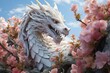 A white dragon sitting majestically atop a tree covered in pink flowers, creating a striking contrast between the mythical creature and nature.