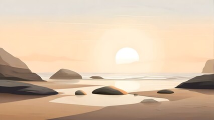 Wall Mural - Minimalist calm nature background: a serene beach scene with zen rocks, soft, for mindfulness, meditation, relaxation, mindset, wallpaper, backdrop