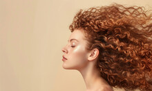 Beautiful Woman With Ginger Curly Hair Flying, Eyes Closed, Beige Background