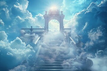 Wall Mural - heavenly ascent depicted through a majestic staircase leading up to celestial gates amidst ethereal 