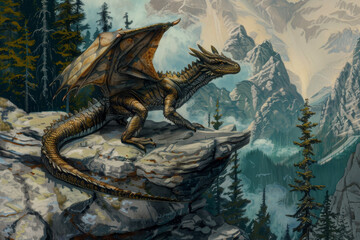 Wall Mural - A dragon perched on a rocky cliff, its wings unfurled. Each scale reflects the environment--mountain peaks, distant forests, and a cerulean sky.