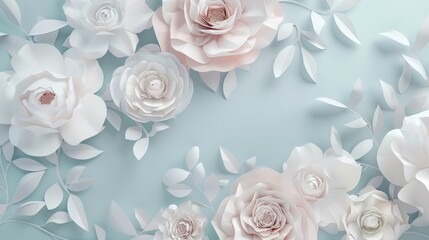 Wall Mural - Beautiful white flowers on blue background with copy space. Papercut style.