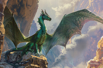 Wall Mural - A majestic dragon, wings outstretched, perches on a rocky cliff.