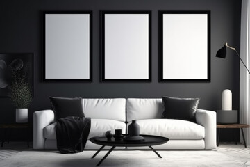 close up and zoomed in shot of minimalist living room with 3 blank empty painting frames on a wall with a 2 inch frame, colors: black, white, focus on the picture