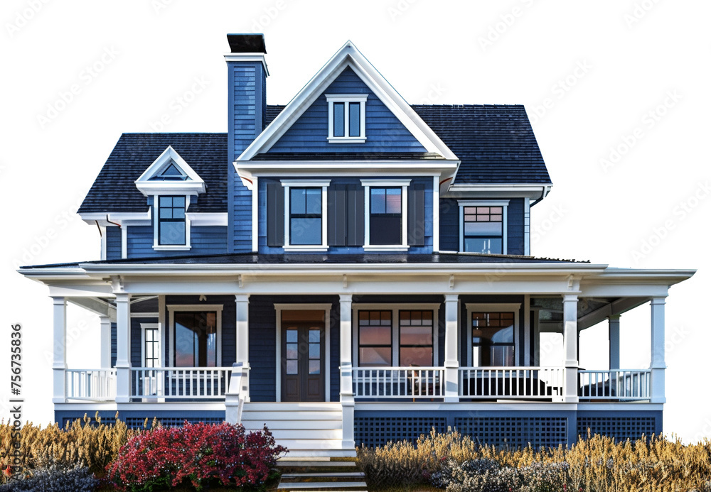 Charming blue two-story house with white porch and lush landscaping ...