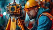 A close-up view of a surveyor or site engineer using a theodolite total station for precise measurements at an outdoor construction site