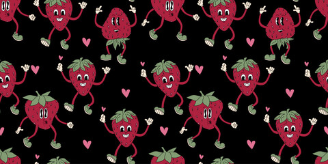 Seamless pattern with retro groovy strawberry.