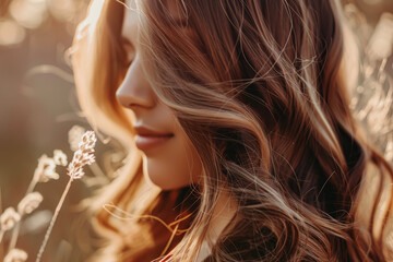 Wall Mural - A woman with long brown hair, styled in soft waves and curls.