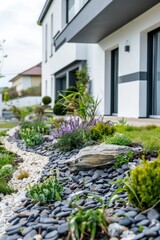 Poster - A garden with rocks and plants in front of a house. Suitable for home and garden design projects