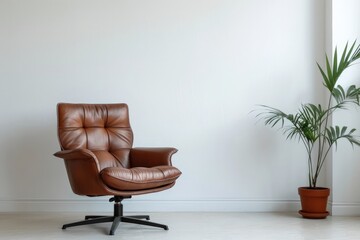 Wall Mural - A brown leather chair sits next to a potted plant indoors, creating a cozy corner in a room.