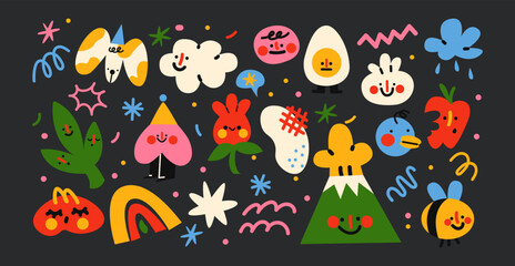 Wall Mural - Set cute cartoon doodle stickers in the retro groovy 90s style. Hippie design elements, flowers, pets, fruits. Acid bright sticker pack	