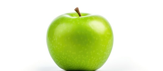 Sticker - A green apple, a fruit from a flowering plant, is a staple food and superfood. It is a natural food rich in nutrients and comes with a stem on a white background