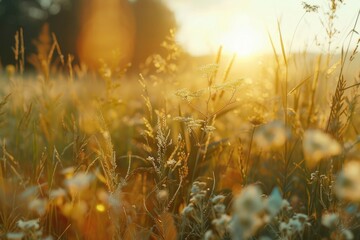 Wall Mural - Sun setting over a field of grass, perfect for nature backgrounds