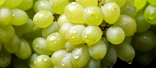 Wall Mural - Fresh white or green grapes fruit, with water drops over it, closeup macro detail. Generative AI