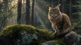 Fototapeta  - Norwegian Forest Cats and Kittens Reign Over Enchanting Forest Scenery 