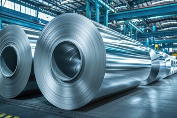 Industrial aluminum rolls in a manufacturing facility. Suitable for manufacturing or industrial concepts