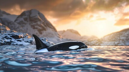 Wall Mural - Orca Killerwhale traveling on ocean water with sunset Norway Fiords on winter background