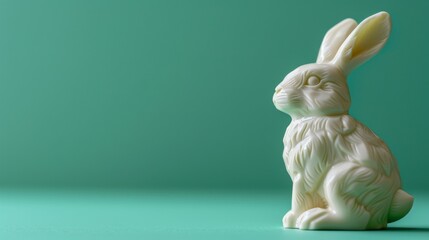 Poster - White chocolate easter bunny, isolated on green background. Luxury chocolate, Easter holiday. Delicious milk, dark chocolate bunny.