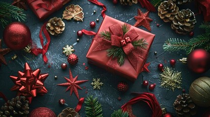 Poster - Festive red present surrounded by Christmas decorations. Perfect for holiday season concepts