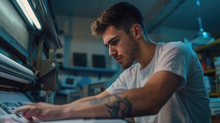 Wall Mural - A man working on a computer in a factory. Ideal for illustrating modern industrial workplaces