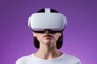 Woman with modern vr glasses, face portrait, purple studio empty background. Female wearing virtual reality glasses. VR technology advertising banner