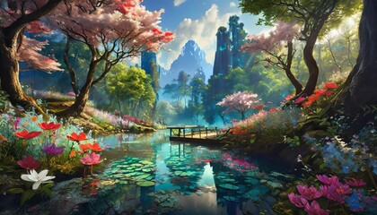 Wall Mural - landscape with lake and mountains