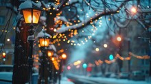 Snow-covered Street Light Next To Tree, Suitable For Winter Themed Designs