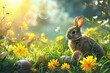 Illustration of little bunny with decorated easter eggs on green grass with sunlights