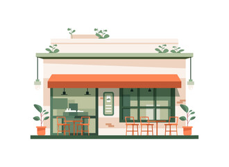 Summer cafe shop with outdoor terrace and table with chairs. Street restaurant building facade in flat design. City constructor element