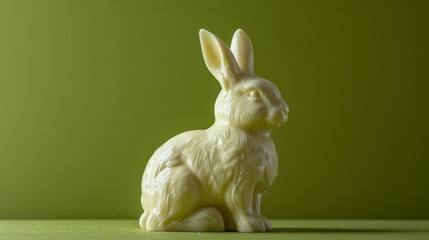 Poster - White chocolate easter bunny, isolated on green background. Luxury chocolate, Easter holiday. Delicious milk, dark chocolate bunny.