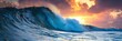 © Veronica - Majestic blue wave rolls gracefully across ocean, captivating sunset scene, Generative AI