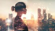 Double exposure of woman silhouette and modern city skylin.