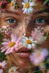 Canvas Print - A woman with freckles surrounded by a beautiful array of flowers. Perfect for beauty or nature concepts