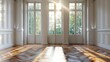 An empty room with large windows, perfect for interior design projects