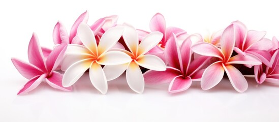 Poster - A row of magenta and white blossoms on a white background. The cut flowers showcase the beauty of terrestrial plants, adding a pop of color to any event with their delicate petals on each twig