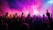 © vladnikon - A lively crowd with raised hands enjoys a vibrant concert, illuminated by stunning stage lights under the evening sky