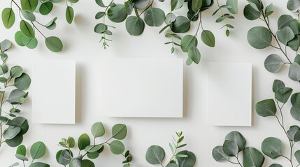 the blank invitation cards amidst lush eucalyptus leaves in a balanced and aesthetically pleasing manner, paying attention to symmetry and spacing