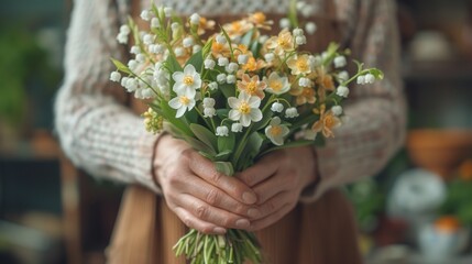 Sticker - a close up of a person holding a bouquet of flowers in their hands and a sweater on the back of them.