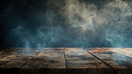 Wall Mural - A wooden table with smoke rising from it. Perfect for illustrating concepts related to fire, cooking, or accidents