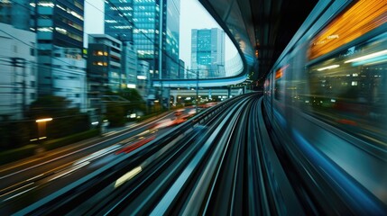 Wall Mural - Blurry photo of a train traveling through a city, suitable for transportation concepts