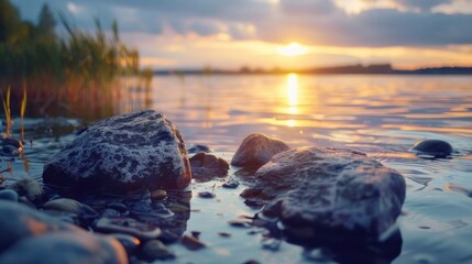 Poster - Beautiful sunset over a body of water with rocks in the foreground. Great for nature and landscape themes