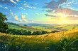 A picturesque painting of a sunset over a peaceful field. Suitable for nature and landscape themes