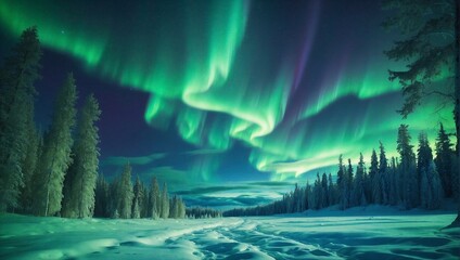 Northern Lights in night sky over snow-covered plain dotted with evergreen trees