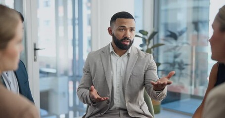 Canvas Print - Business people, support circle and man in counselling for mental health, problem solving and discussion. Leader talking, meeting and team with help, group and communication, therapy and psychology