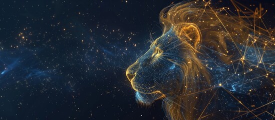 Wall Mural - a lion made of light and connected lines stars in the background deep space blue and gold colors gen
