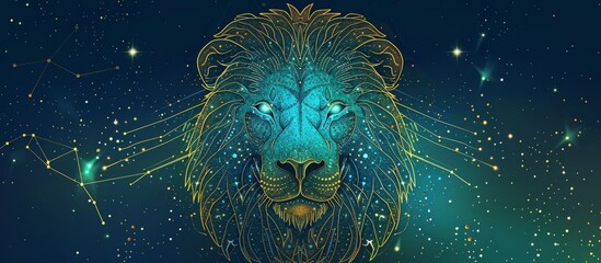 Wall Mural - A lion head made of lines and dots, with a space background and stars in the sky, Generative AI