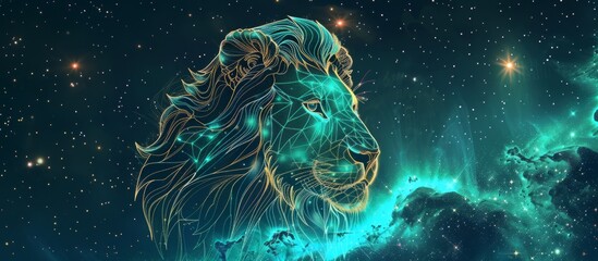 Wall Mural - A lion head made of lines and dots, with a space background and stars in the sky, Generative AI