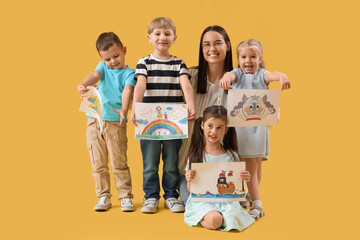 Poster - Little children with drawings on yellow background